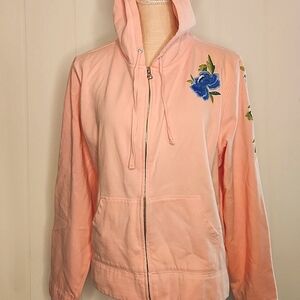 Vintage pink cottagecore full zip kangaroo pocket floral detail hoodie